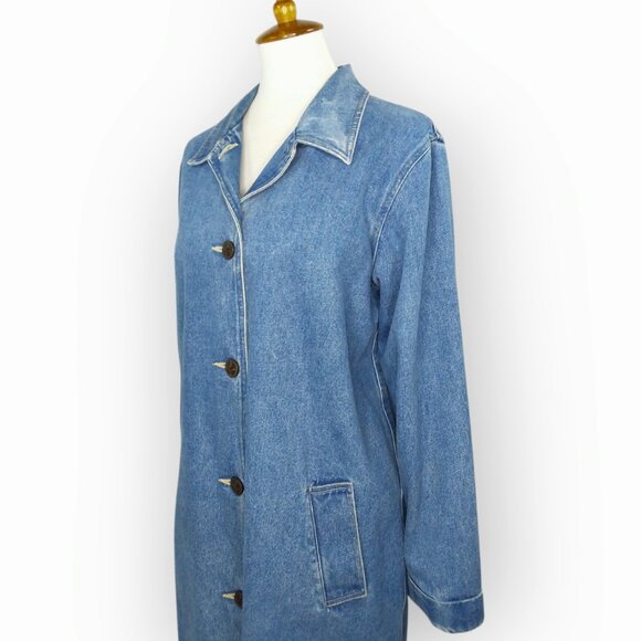 Denim & Co Long Blue Denim Jacket Chore Barn Duster Size Medium Button Front - Picture 8 of 14